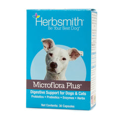 Herbsmith Microflora Plus dog digestion aid shown in a front product view.