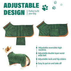 HhiMyOct dog drying robe showing its adjustable neck drawstring.