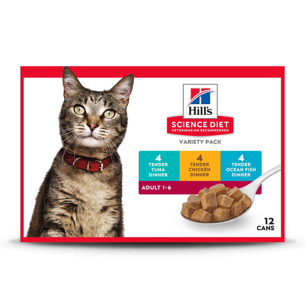 Hill's Science Diet wet cat food variety pack shown from the front.