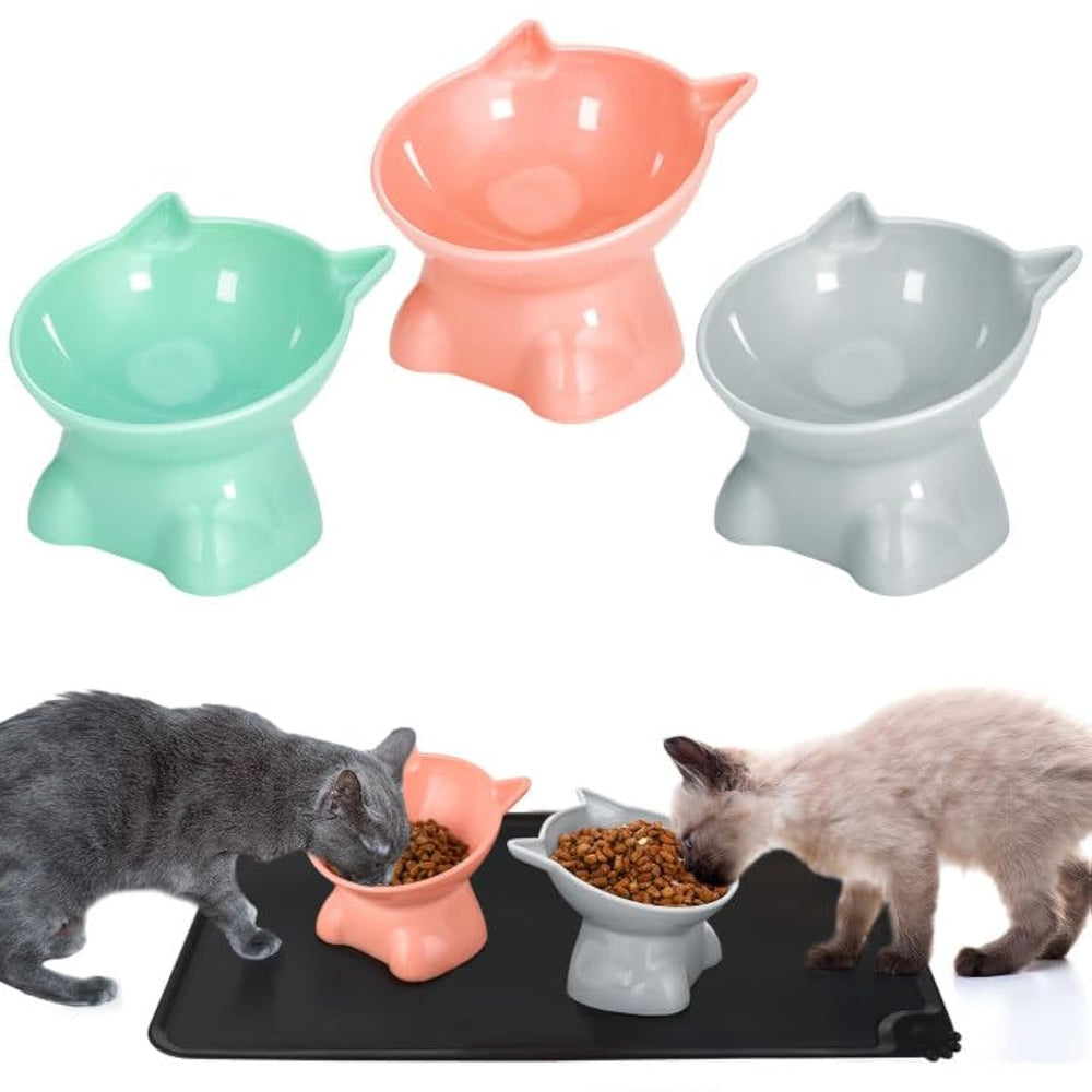 Hoemwarm elevated cat bowl set shown from the front with three bowls and its feeding mat.