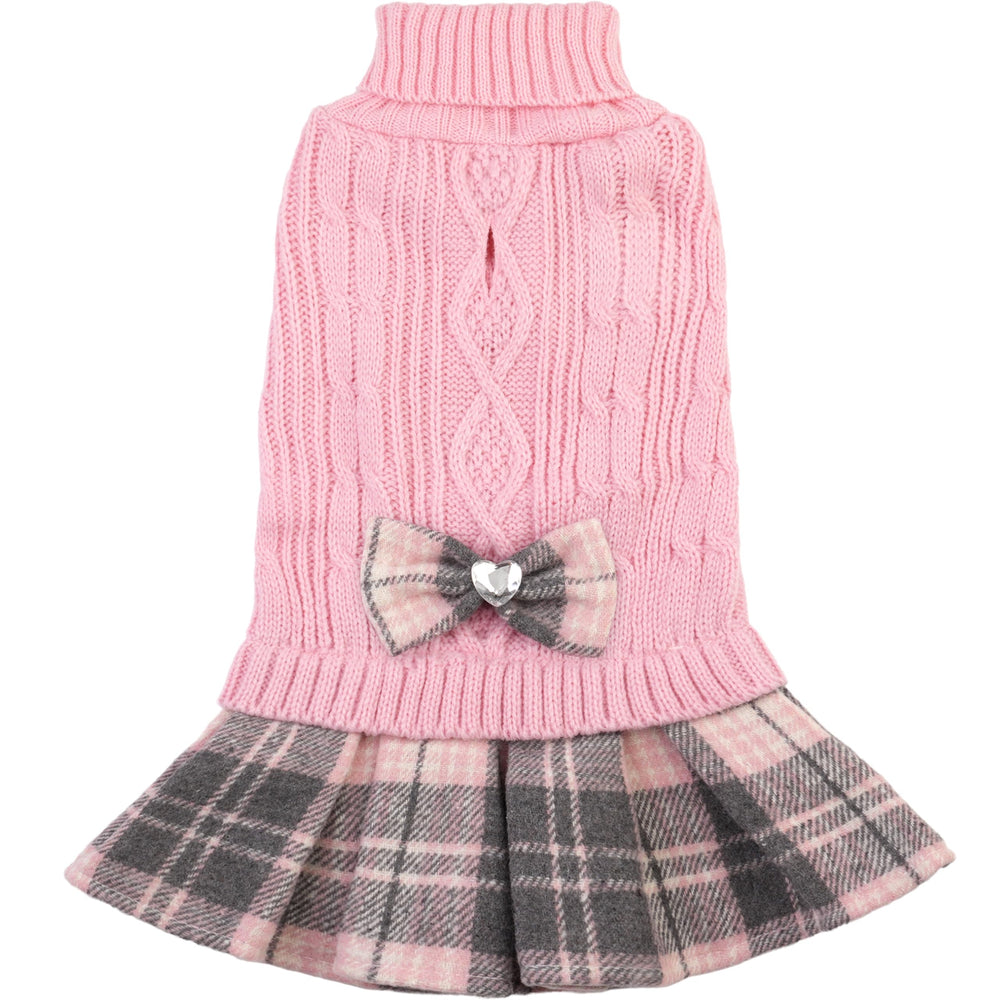 Hpetppy dog sweater dress shown from the front in pink.