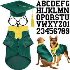 Huhumy dog graduation costume set showing the green gown, yellow stole, cap, glasses and stickers.