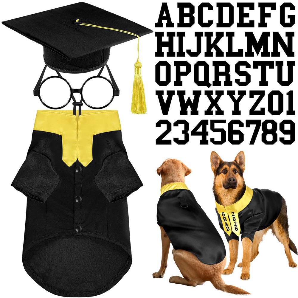 Huhumy pet graduation costume set with gown, stole, cap, lensless glasses, and letter stickers.