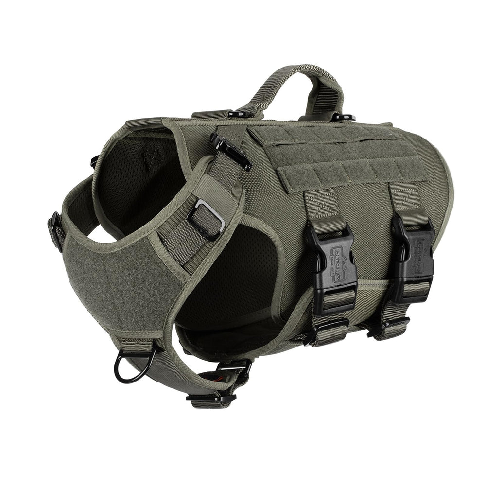 ICEFANG tactical dog harness shown from the front with its vest shape visible.