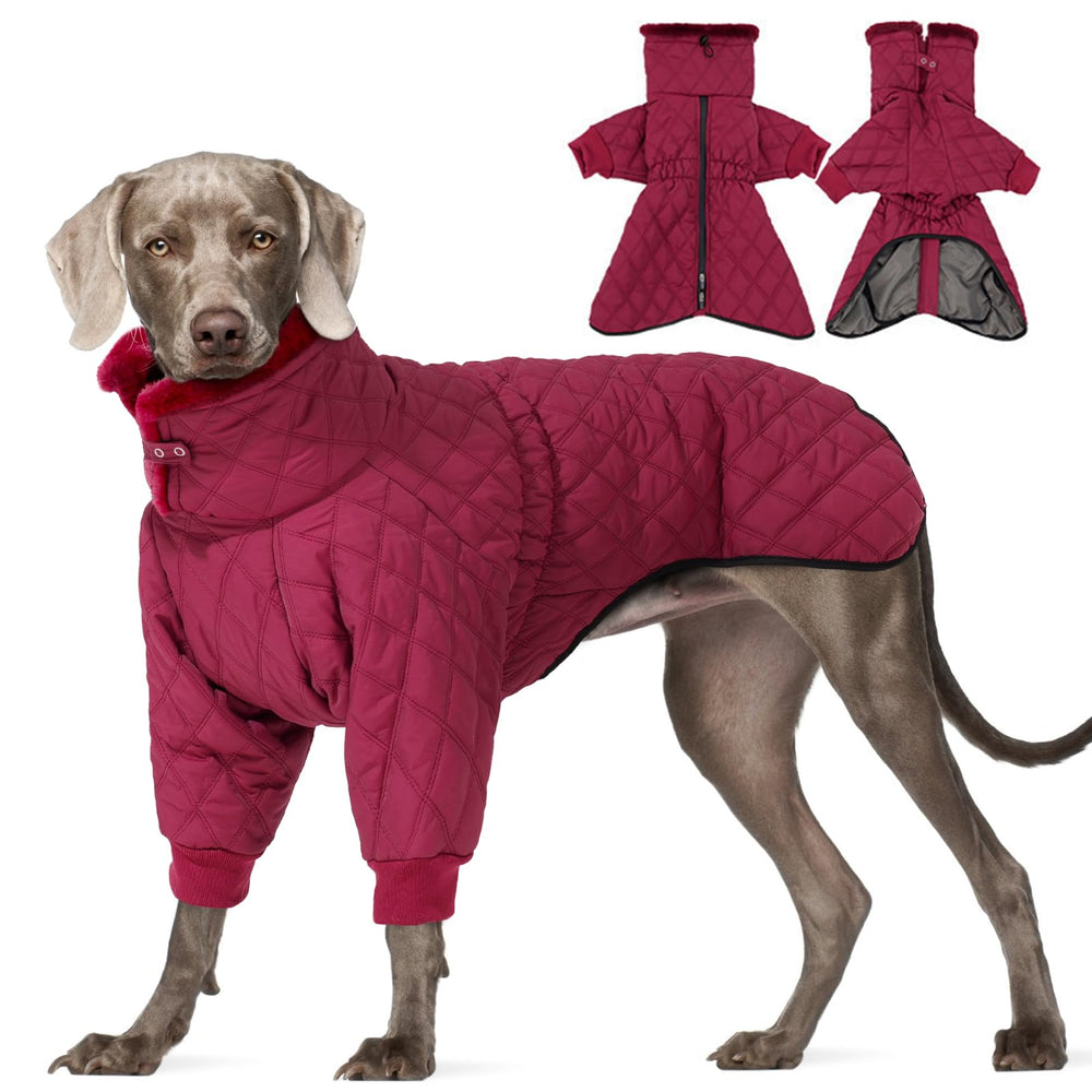IDOMIK dog winter coat shown from the front in Wine Red.