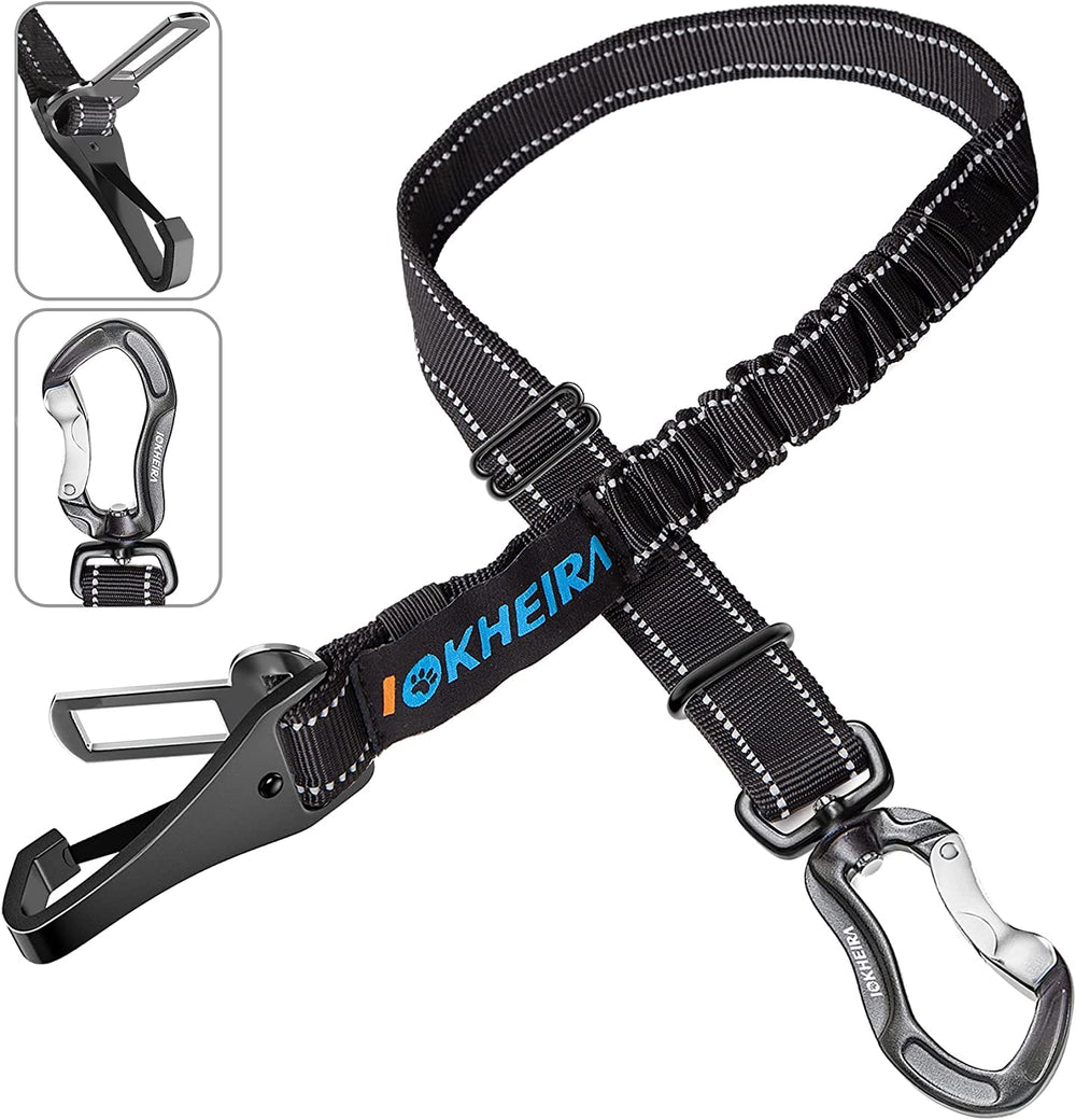 IOKHEIRA dog seat belt shown from the front with its adjustable strap and attachment ends.