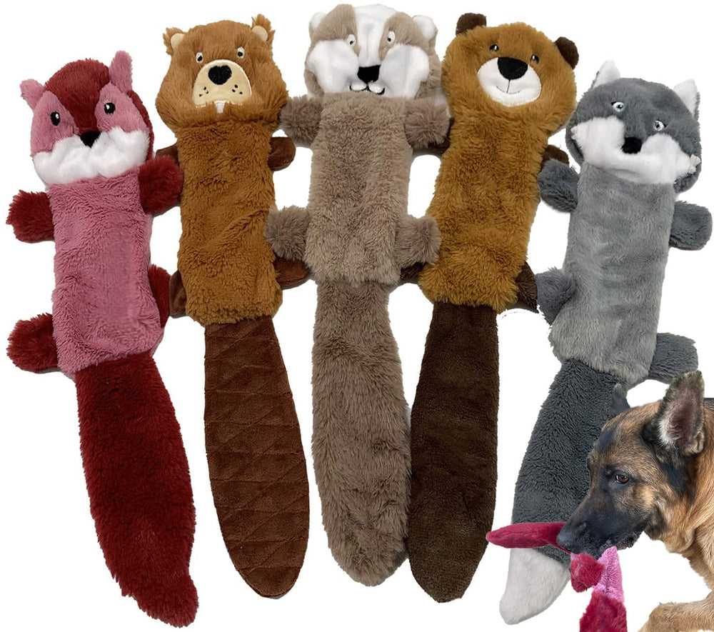 Jalousie stuffingless dog toys shown together as a five-piece animal set.