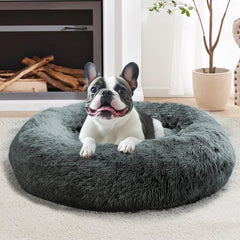 Front view of the JOLLYVOGUE donut pet bed in its round shape.