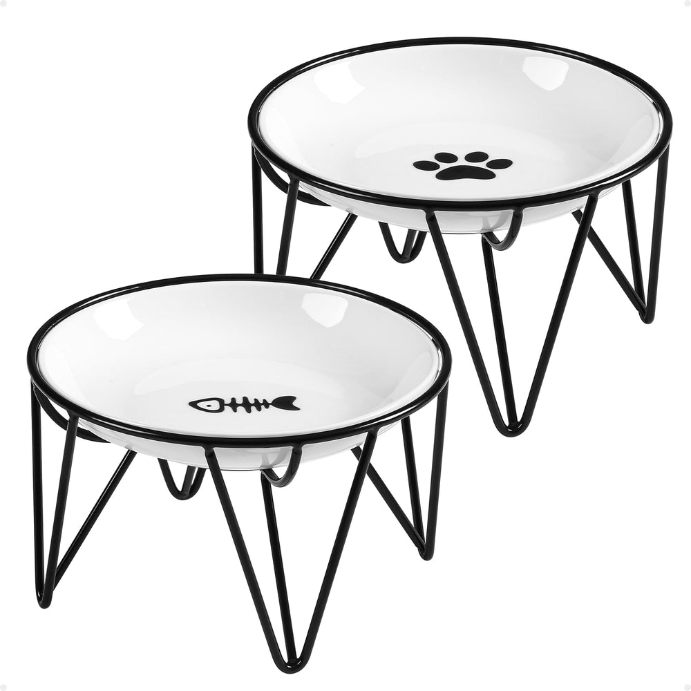 Kitwinney ceramic cat bowls shown from the front with their raised black stand.