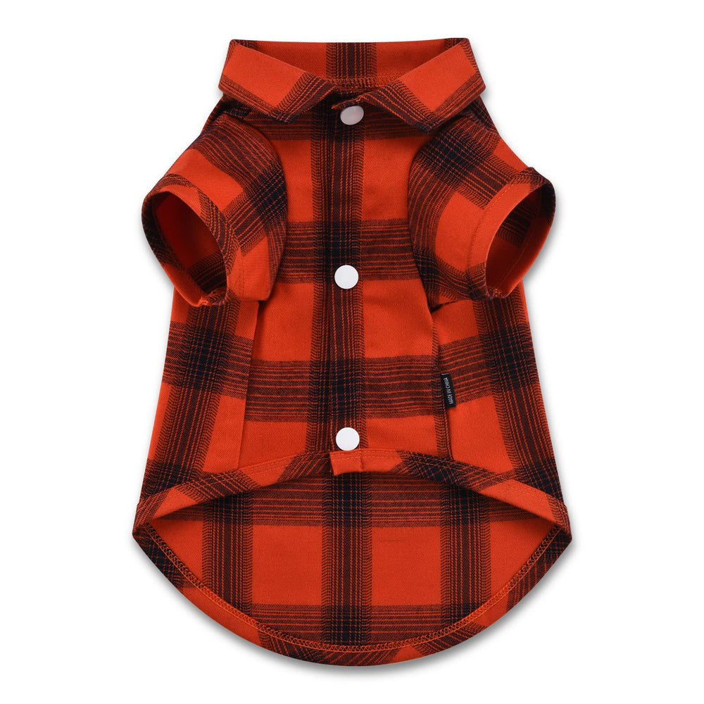 Koneseve plaid dog shirt shown from the front in red.