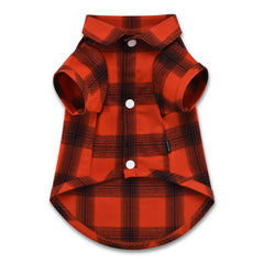 Koneseve plaid dog shirt shown from the front in red.