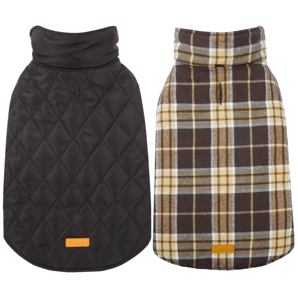 Kuoser waterproof dog coat shown from the front with its vintage plaid design.