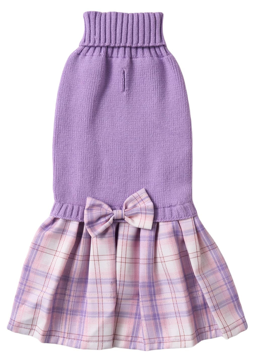 Lanyarco dog sweater dress shown from the front with its purple top and plaid skirt.