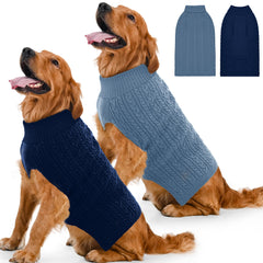 Lorehelina Dog Sweater front view showing the navy and blue pullovers.