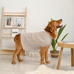 Lorehelina dog sweater pair displaying the oatmeal and brown color options.