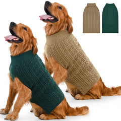 Lorehelina dog sweater pair shown from the front in green and brown.