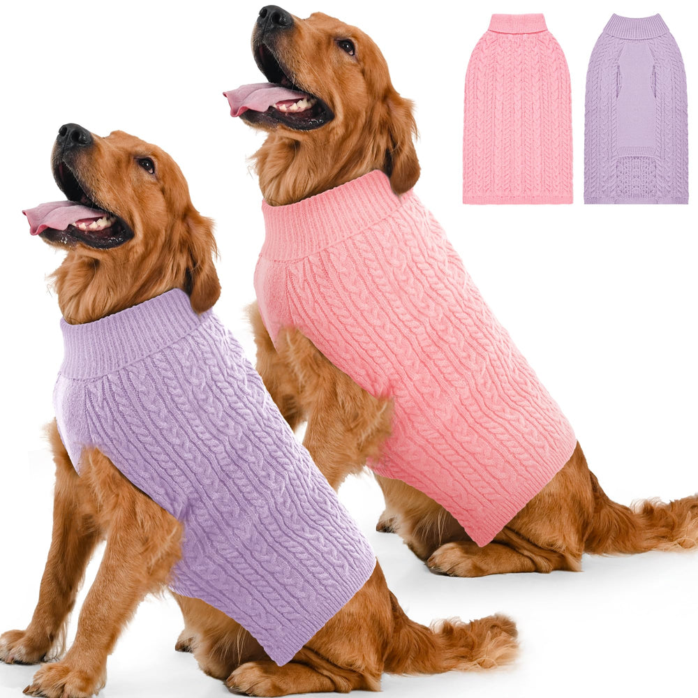 Lorehelina dog sweater 2-pack shown in pink and purple.