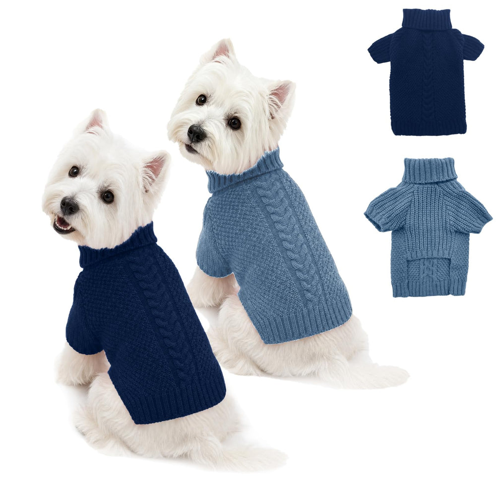 Lorehelina dog sweater two-pack shown from the front in navy and blue.