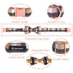 M MACA BATES dog collar worn by a dog, showing the seasonal plaid design and bow tie.