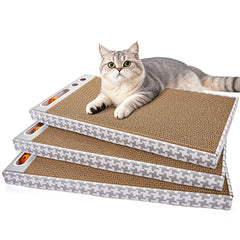 Markarbarka cat scratching board three-pack shown together with its corrugated boards and jingle ball toys.