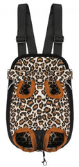 MOJUN pet carrier backpack shown from the front in leopard colour.