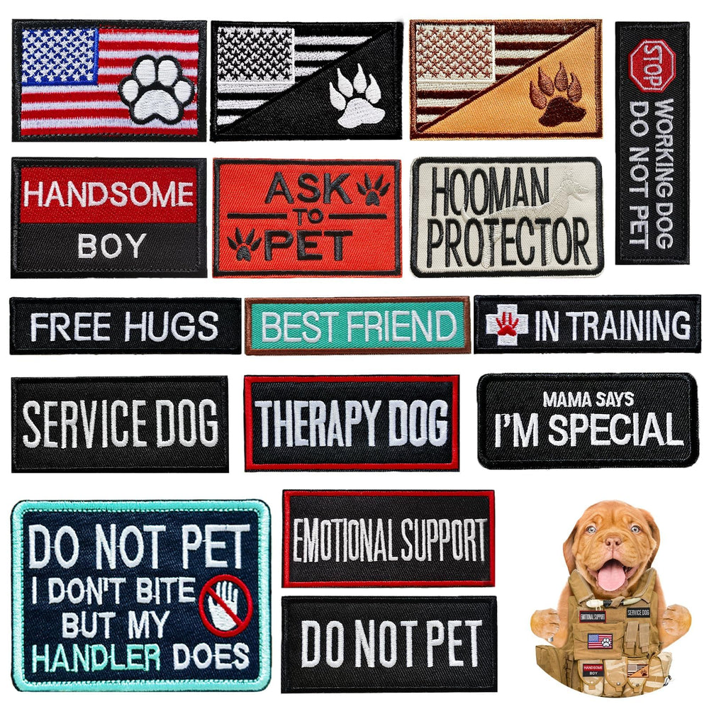 Naturahand dog harness patches shown together as a set of different designs.