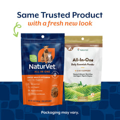 NaturVet All-in-One Cat & Dog Supplement label shown from the back.