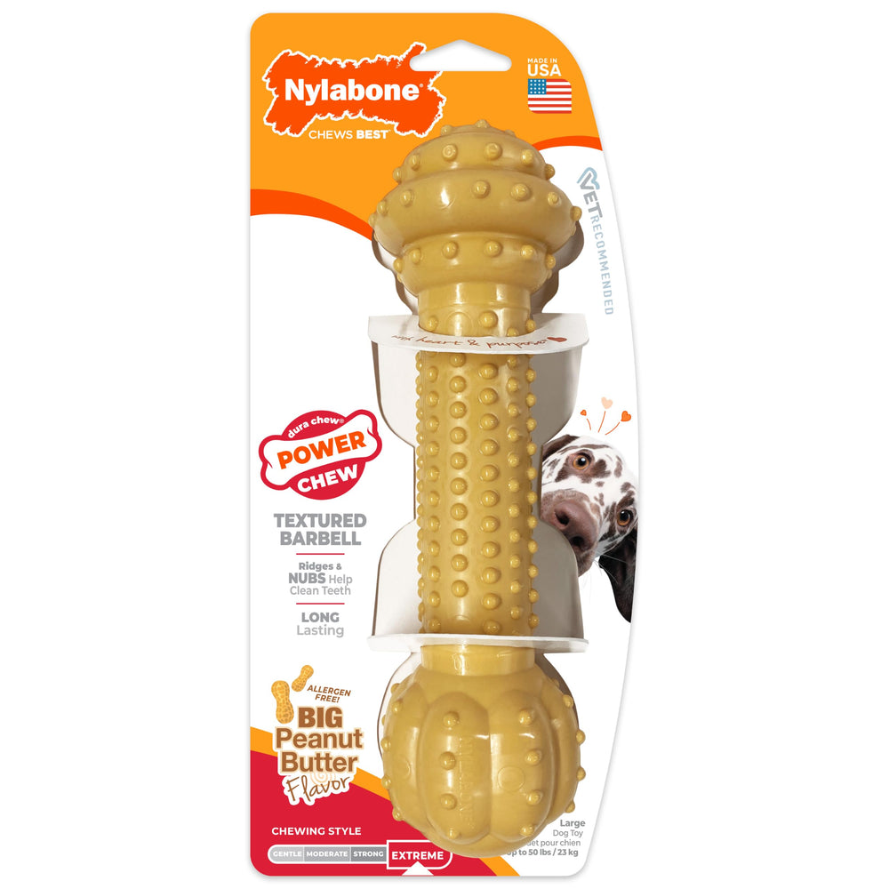 Nylabone Power Chew Textured Barbell Dog Chew Toy shown from the front.