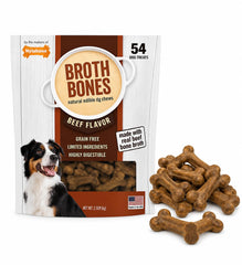 Nylabone Beef Broth Bones dog treats shown with the package front facing forward.