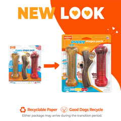 Nylabone Puppy Stages Pack with its three puppy chew toys shown together.