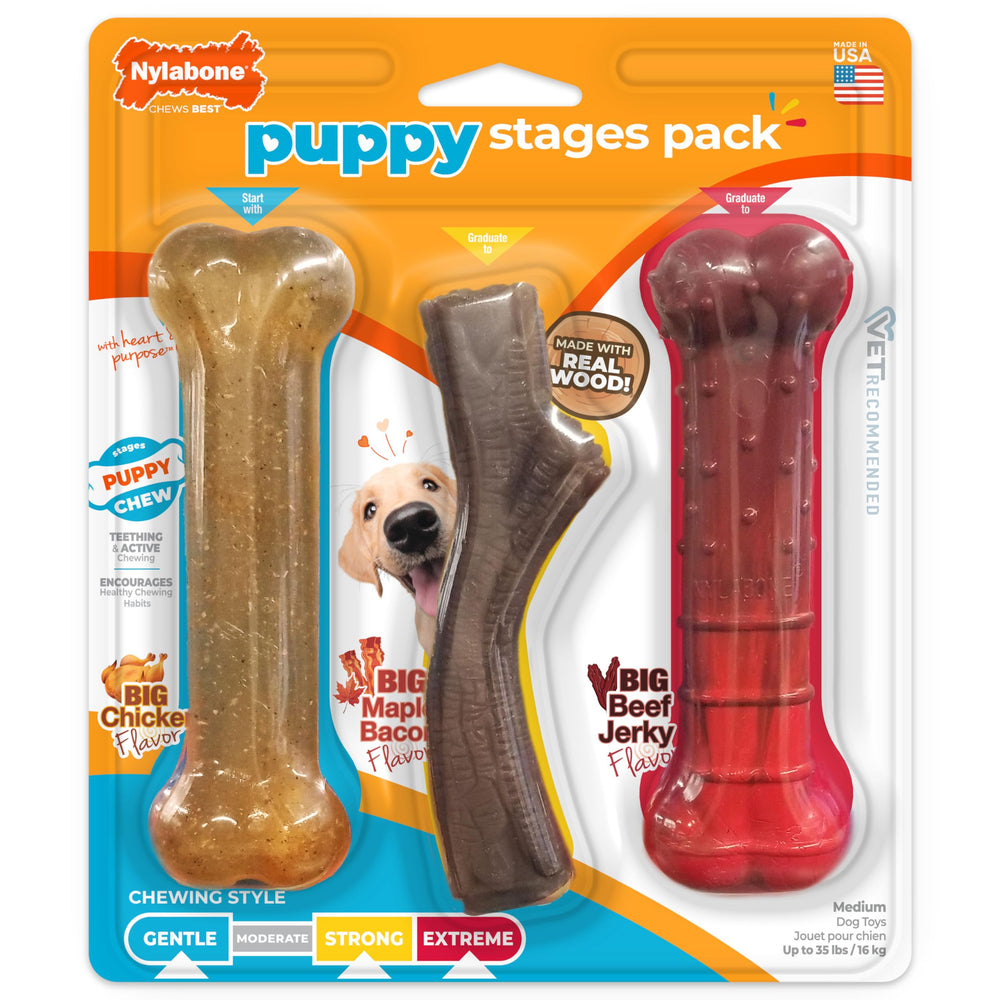 Nylabone Puppy Stages Pack front view showing the puppy chew toy set.