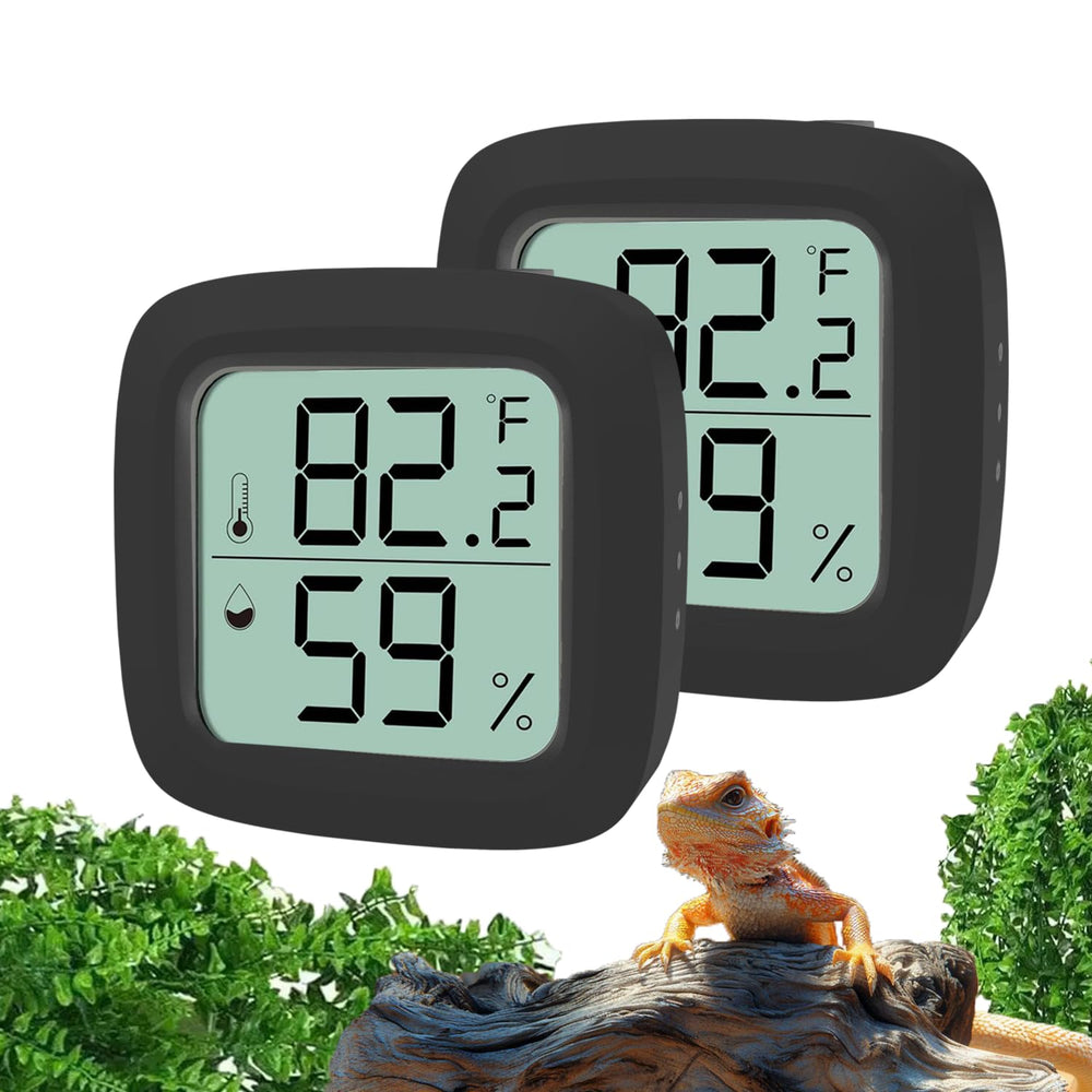 Oasirep reptile thermometer and hygrometer shown from the front with its LCD display.