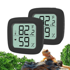 Oasirep reptile thermometer and hygrometer shown from the front with its LCD display.