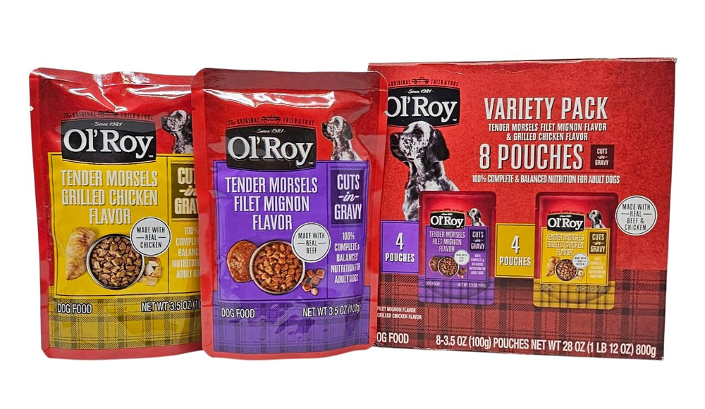 Ol' Roy wet dog food variety pack shown from the front.