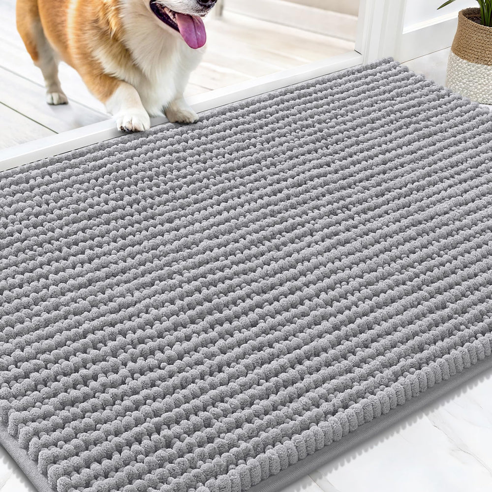 OLANLY dog door mat shown from the front, highlighting its chenille surface.