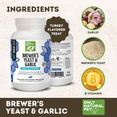 Only Natural Pet Brewer's Yeast & Garlic Chewables with brewer's yeast and garlic ingredient focus.