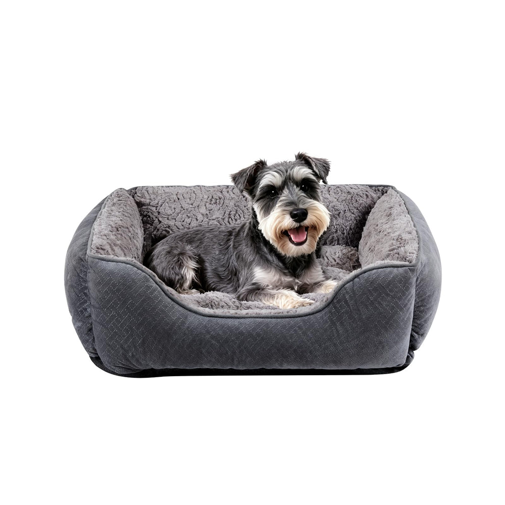Oveppy dog bed shown from the front in grey.