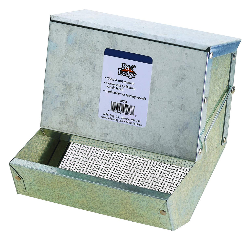 Pet Lodge Small Animal Feeder shown from the front with its lid and trough.