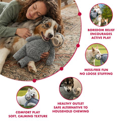 Pet Lou stuffingless floppy sloth dog toy with a close view of its soft plush fabric.