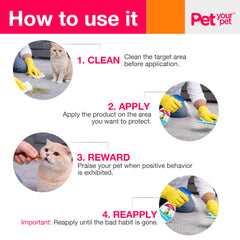PET YOUR PET cat potty training spray being applied to a problem area.