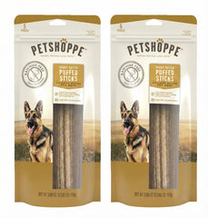 PetShoppe Peanut Butter Puffed Strips chicken dog treats shown from the front.