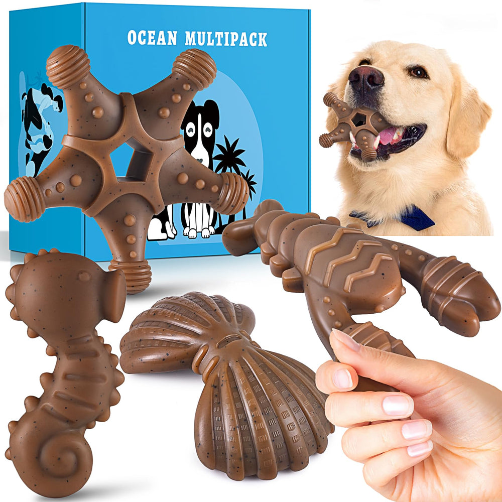 PETSTA dog chew toys shown as a four-piece ocean-themed set.