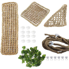 PINVNBY bearded dragon hammock set showing the hammocks, vine, leaves and suction cups.