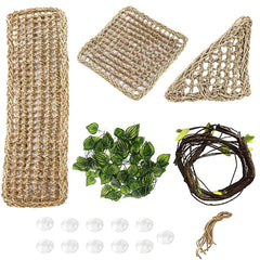 PINVNBY reptile hammock set showing the hammocks, flexible vine, leaves, and suction cups.