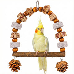 POBPIYD bird swing toy shown from the front with its hanging perch and chew materials.