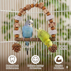 POBPIYD bird swing toy hanging from a wire cage top by its metal hook.