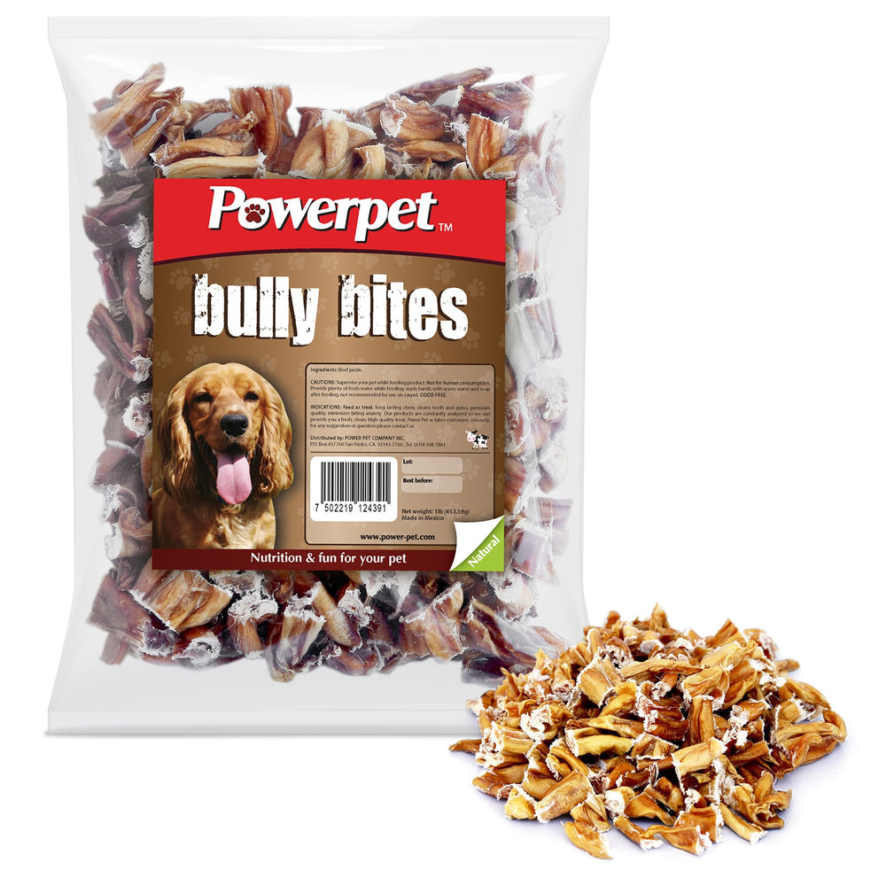 Powerpet Bully Stick Bites shown with the front of the product package.
