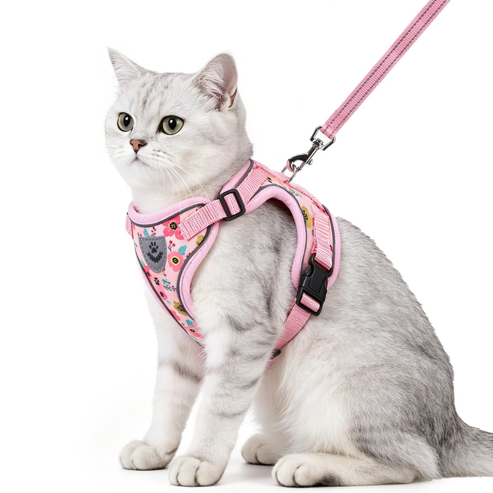 PUPTECK cat harness and leash set in the Pink Flowers pattern, shown from the front.