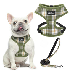 PUPTECK small dog harness and leash set shown from the front with its plaid design.