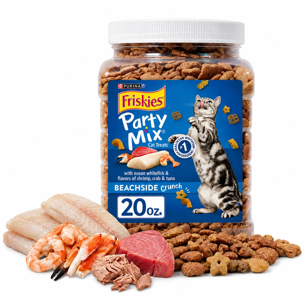 Purina Friskies Party Mix cat treats shown in a front package view.